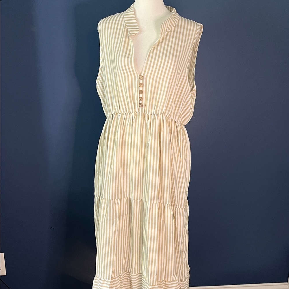 Khaki & white pinstripe XL women's dress, sleeveless airy flowing, slimming maxi
